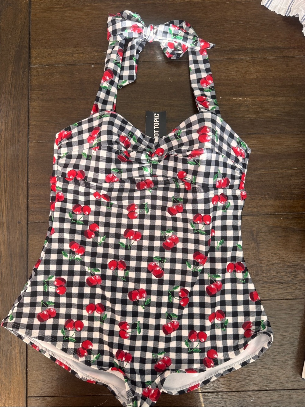 NWT Hot Topic Retro Cherry Gingham Halter One-Piece Swimsuit